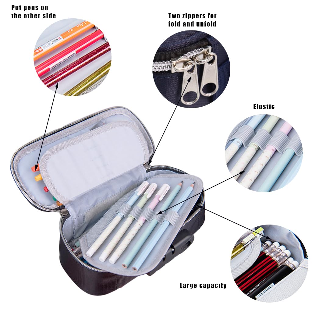 HASTHIP Large Capacity Pencil Case for School with 4 Layer Compartments and Combination Lock | Waterproof Blue Storage Box for Boys and Girls