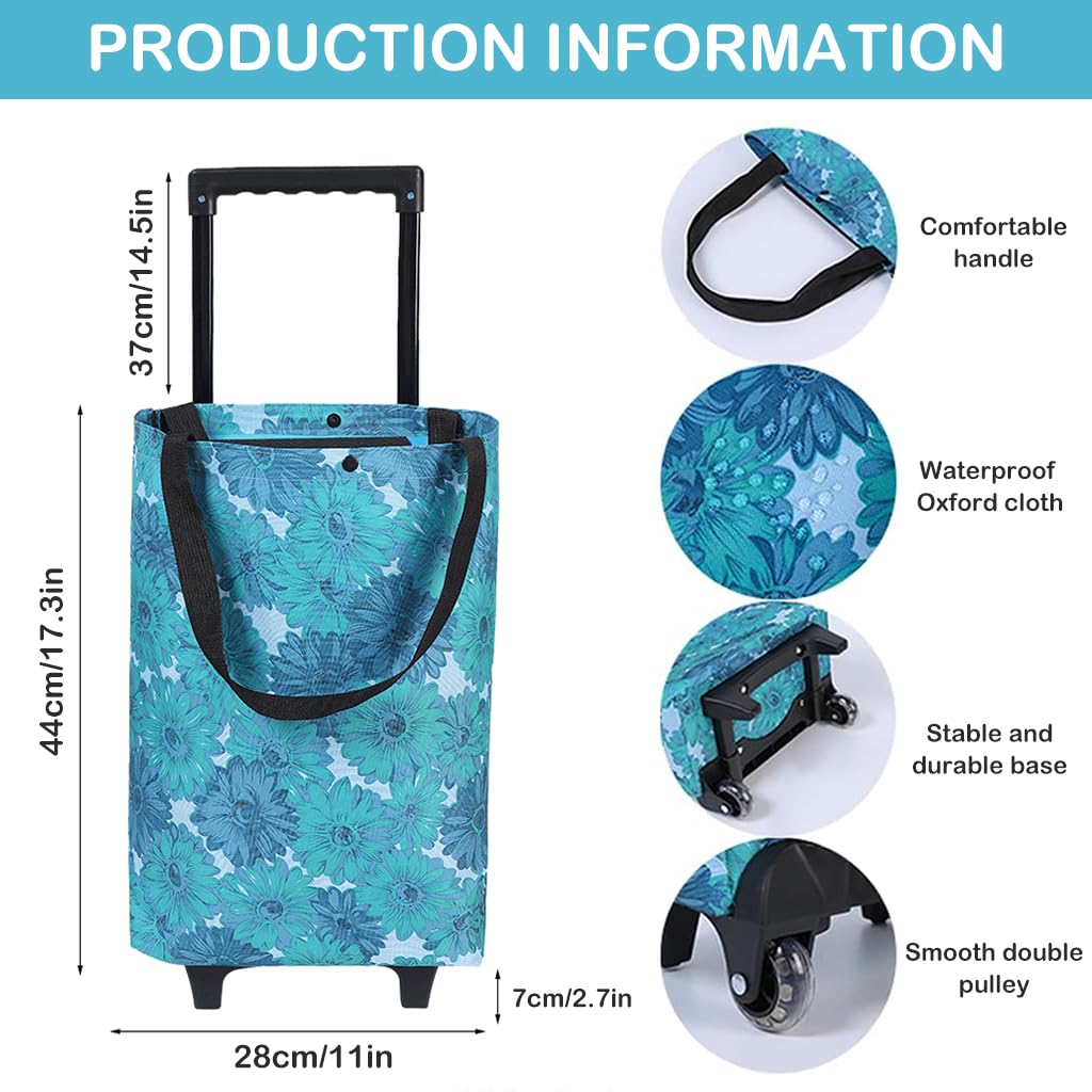 HASTHIP Portable Shopping Cart for Groceries with Wheels and Telescopic Handle | Foldable Waterproof Floral Bag