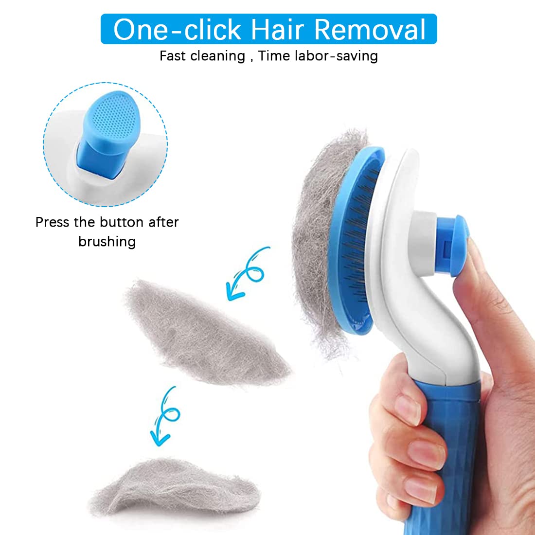 ZIBUYU Dog Brush for Hair with 4 in Stainless-Steel Teeth and One-Button Cleaning | Blue