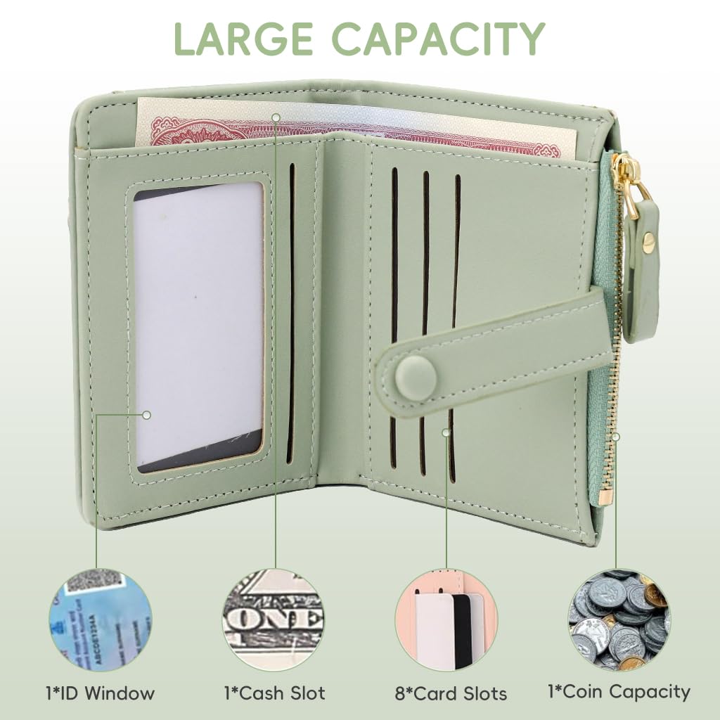 ZIBUYU Women Purse for Daily Use with 8 Card Slots & Snap Button Closure | Mint Green PU Wallet 11.5x9cm