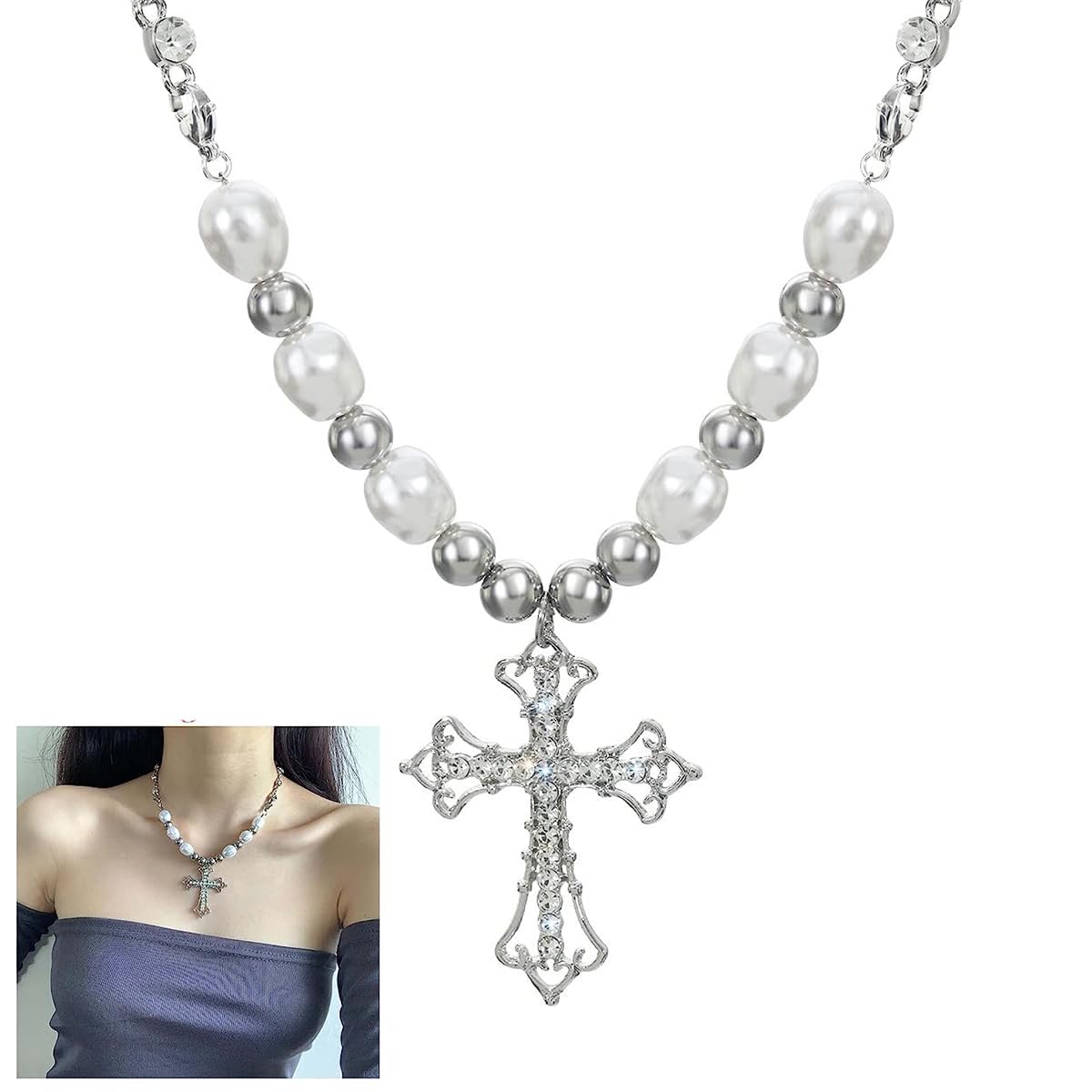 SANNIDHI Pearl Necklace for Women featuring 45cm Chain and Crystal Cross Pendant | Stainless Steel Beads Choker Gift