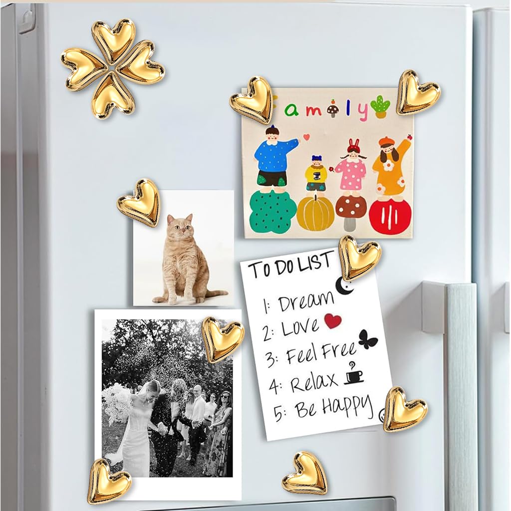 HASTHIP Refrigerator Magnets for Home and Office with 12 Heart Shapes 0.7 in Resin Gold Finish | Strong Decorative Holders for Notes and Photos