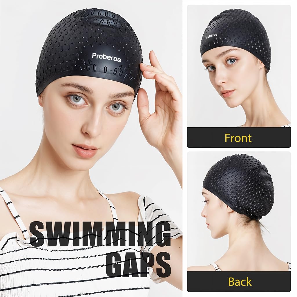 Proberos Swimming Cap for Men and Women with Silicone Fit for 55–60 cm Heads | Black Waterproof Hair Protection