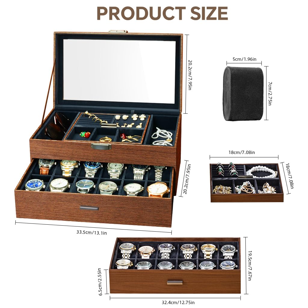 Zibuyu Watch Box Organizer for Jewelry with Double Layer Drawer and Clear Window Display