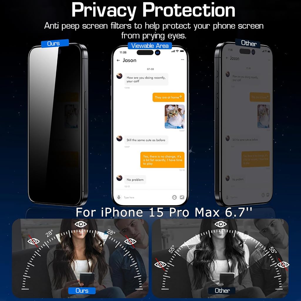 ZEITEL Privacy Tempered Glass Screen Guards for iPhone 15 Pro Max with 9H Protection | 2 Pack and Installation Frame