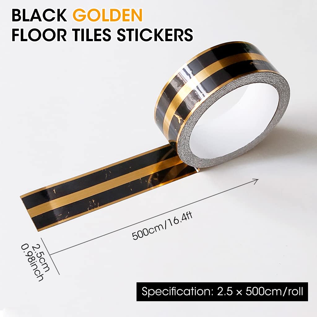 HASTHIP 5M Black Golden Floor Tiles Stickers, Waterproof Tile Gap Tape, PVC Self Adhesive Tape Ceramic Tile Gap Tape for Detailing Walls, Floor Tile Gap, Cabinetry (2.5CM Width *5M Long)