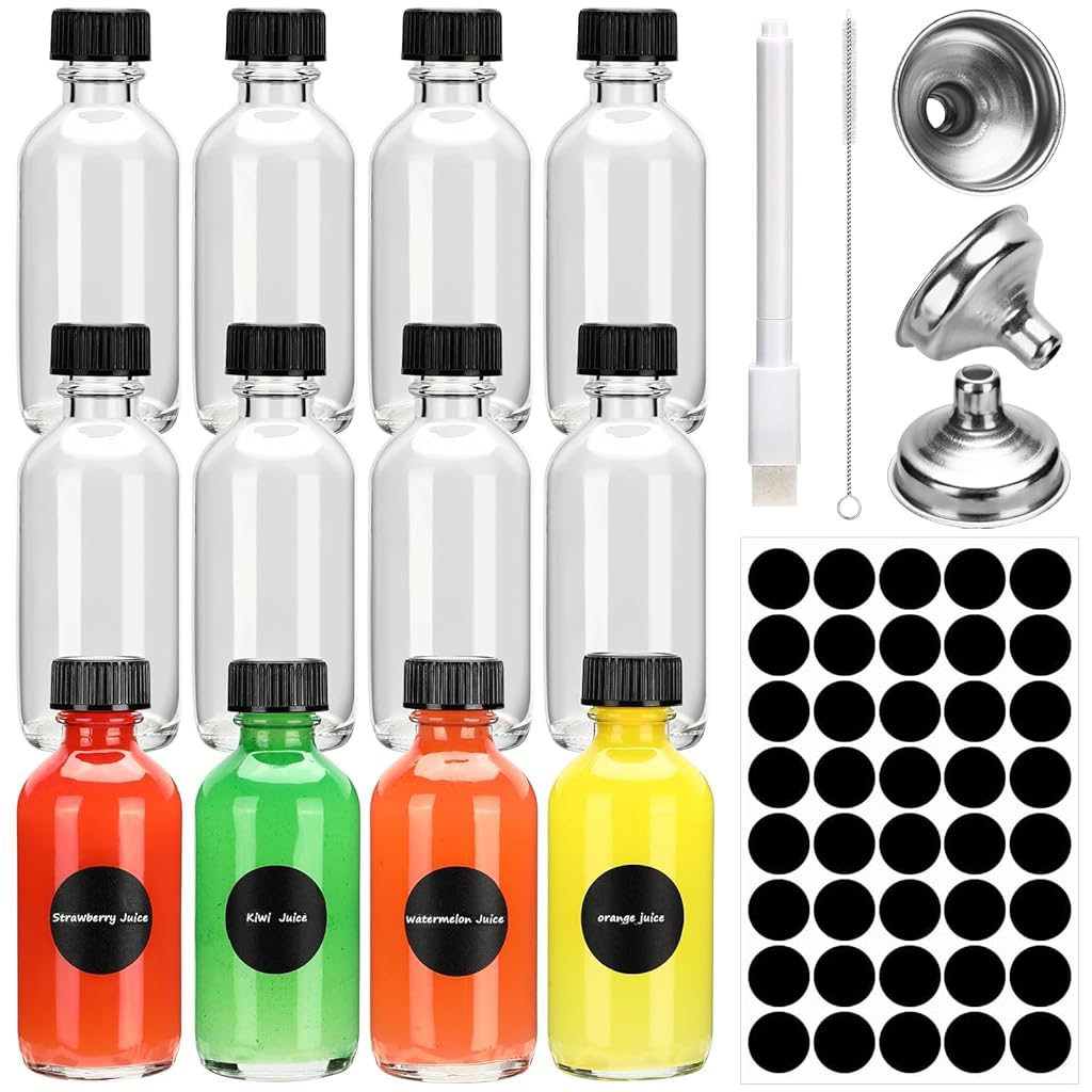 HASTHIP® 12Pcs Small Glass Bottles with Lids16Oz /60ml Glass Container Bottles Set with 3 Funnels, Lable Stickers, Marker Pen Glass Bottles Reuseable Shot Bottles for Juice, Ginger Drinks, Alcohol