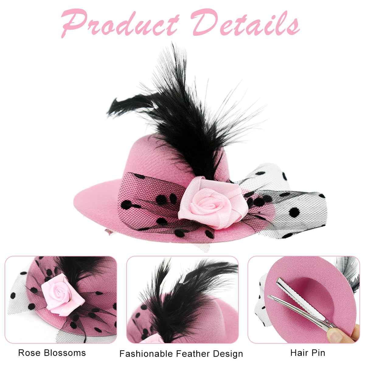 Venzina Mini Tea Hat Hair Clips for Girls with 10cm Lace Fascinator & Clip | Black and Pink