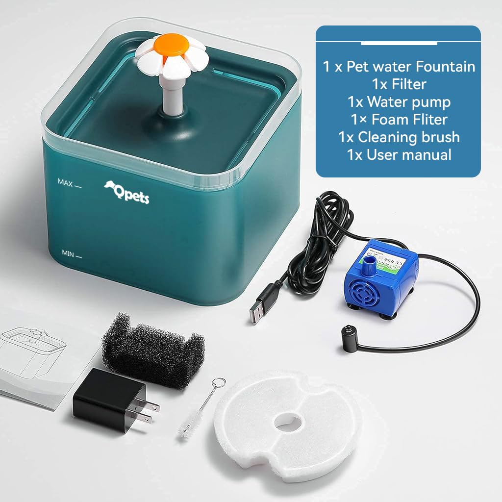 Qpets Cat Water Fountain for Cats and Small Dogs with 2.2L Capacity and Ultra Silent Pump | Cute Floral LED Dispenser in Green