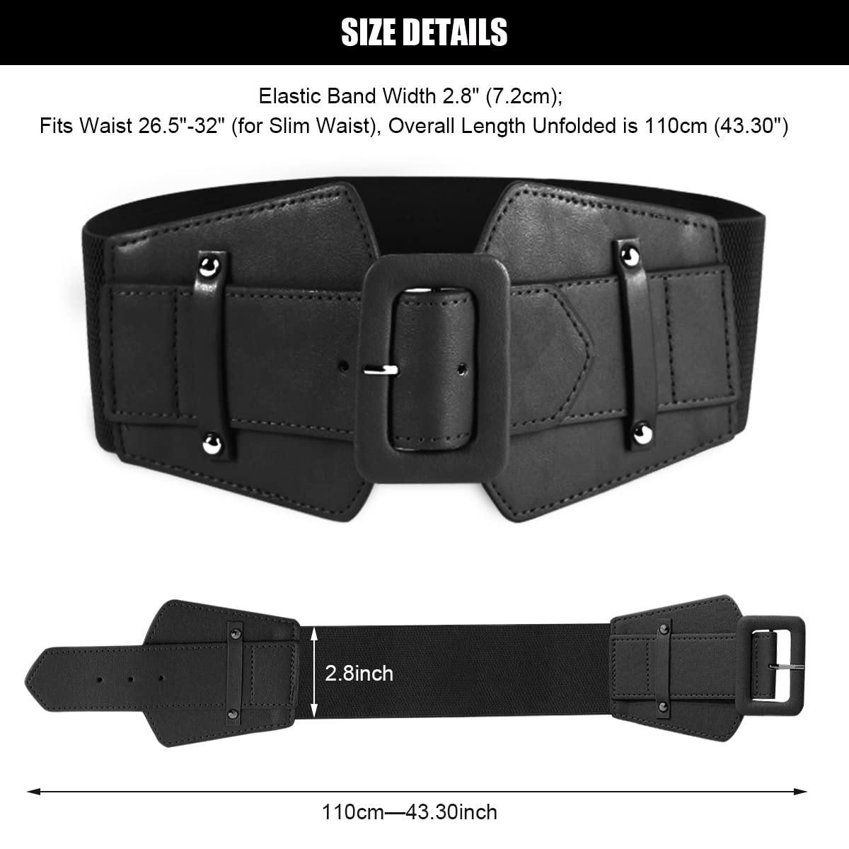 GUSTAVE Blouse Blazer Dress Buckle Belt for Women with Metal Interlocking Design 26.5–32 in Waist Fit | Black Elastic Style