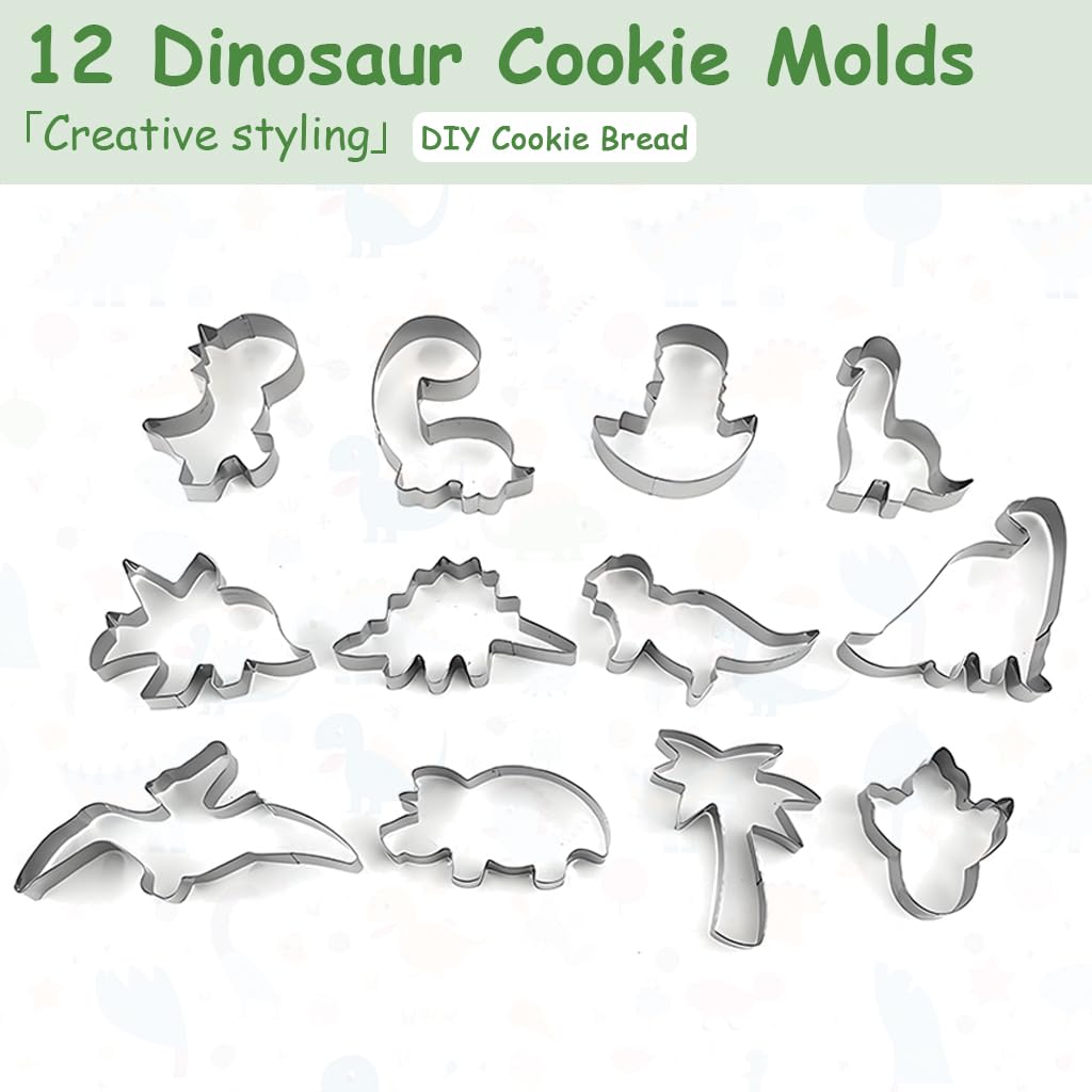 HASTHIP Dinosaur Cookie Cutters for Kids with 12 Cartoon Shapes and Stainless Steel Material | Fun Group Baking Set