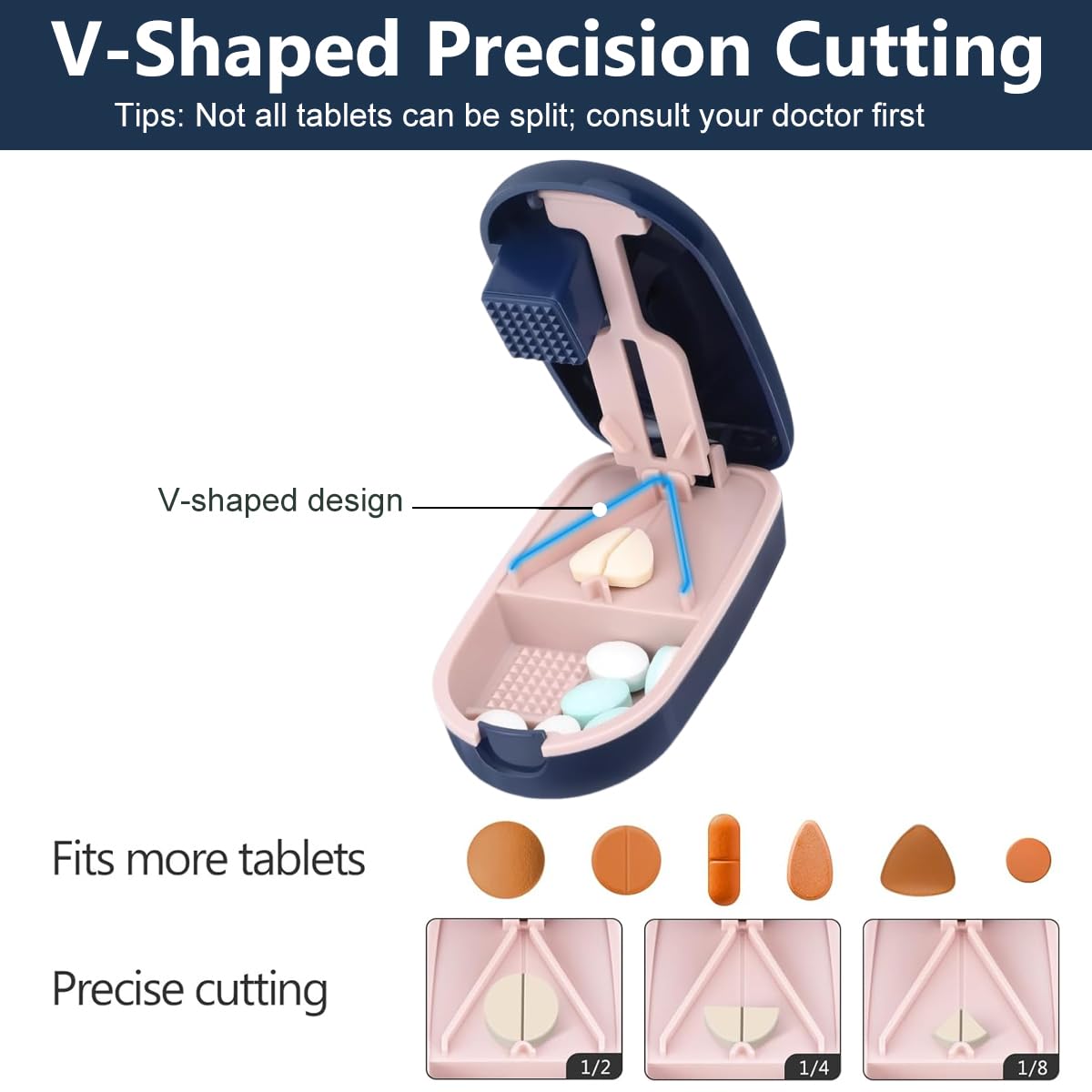 HANNEA Pill Cutter Splitter for Small Tablets with Safety Blade Guard and V-Shaped Groove | Blue Portable 0.08–0.8 in Pill Storage