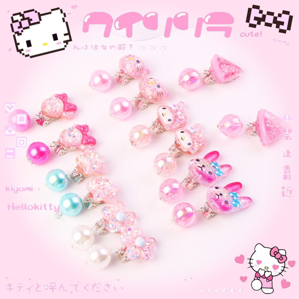 MAYCREATE® 7 Pairs Kawaii Girls Earrings Non-piercing Pink Cartoon Kitty Earrings Charming Resin Clip On Earrings for Girls Kawaii Fashion Girls Clip On Earrings Jewelry Gift for Girls