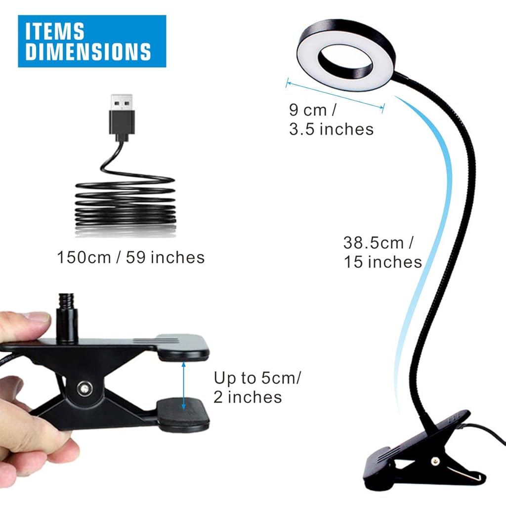 ELEPHANTBOAT® USB Desk Clip Light, 3-Color LED Reading Desk Lamp with 10 Brightness, Flexible Gooseneck Design, Multipurpose LED USB Ring Light for Reading, Crafting