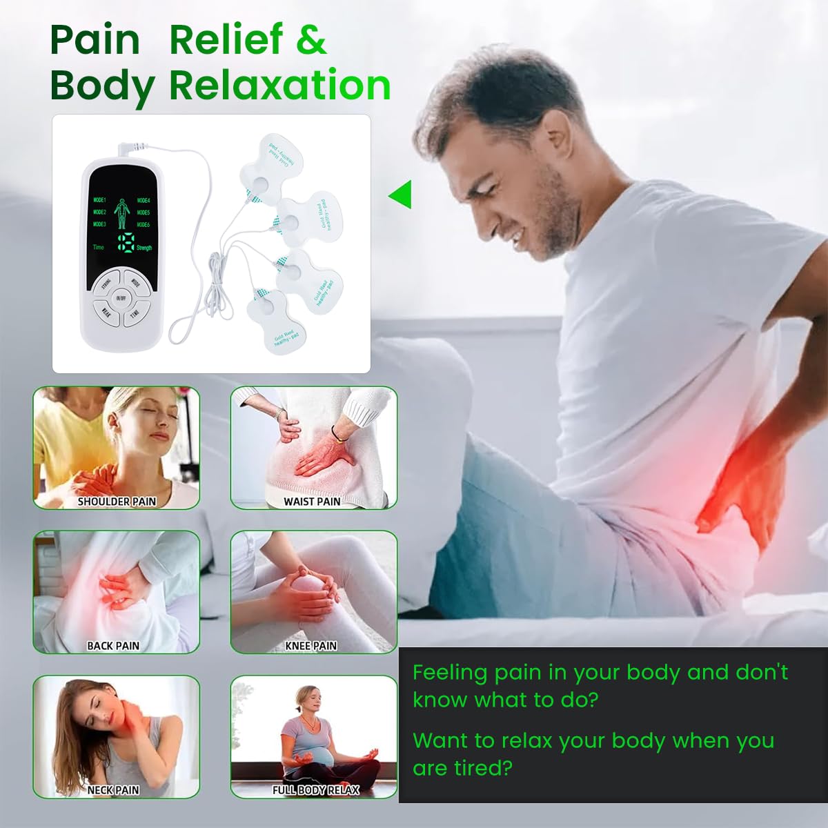 HANNEA EMS Massager Machine for Pain Relief with 6 Modes and 15 Levels | 4 Gel Pads