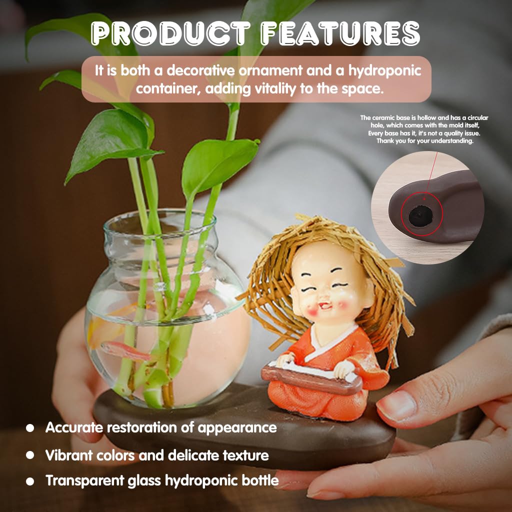 HASTHIP Zen Hydroponic Kit for Desk Decor with Glass Bottle and Smiling Little Monk Figurine