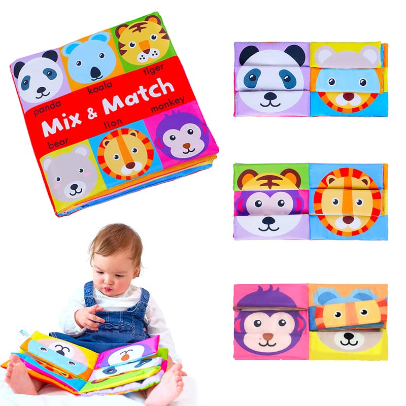 PATPAT® Cloth Book for Babies,Cartoon Animal Figurature Cloth Book Early Education Toys for Toddler Mix& Match Animal Face Cloth Book for Baby Intelligence Development,18x18cm