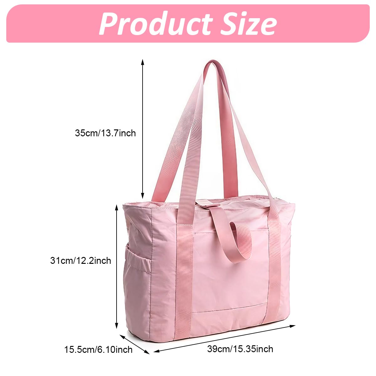 PALAY Casual Shoulder Bag Hand Bag with Zip-up Closure Tote Bag for Women Fashion Pink Nylon Gym Bag with Yoga Mat Buckle Fashion Lightweight Carry On Bag for Fitness, Travel, Work, 39x15.5x31cm