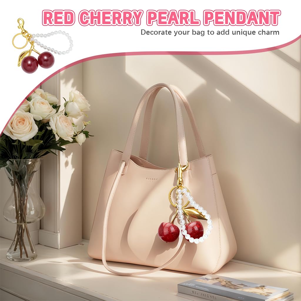 ZORBES Red Cherry Keychain with Faux Pearl Loop for Bags and Keys | Cute Gift for Women