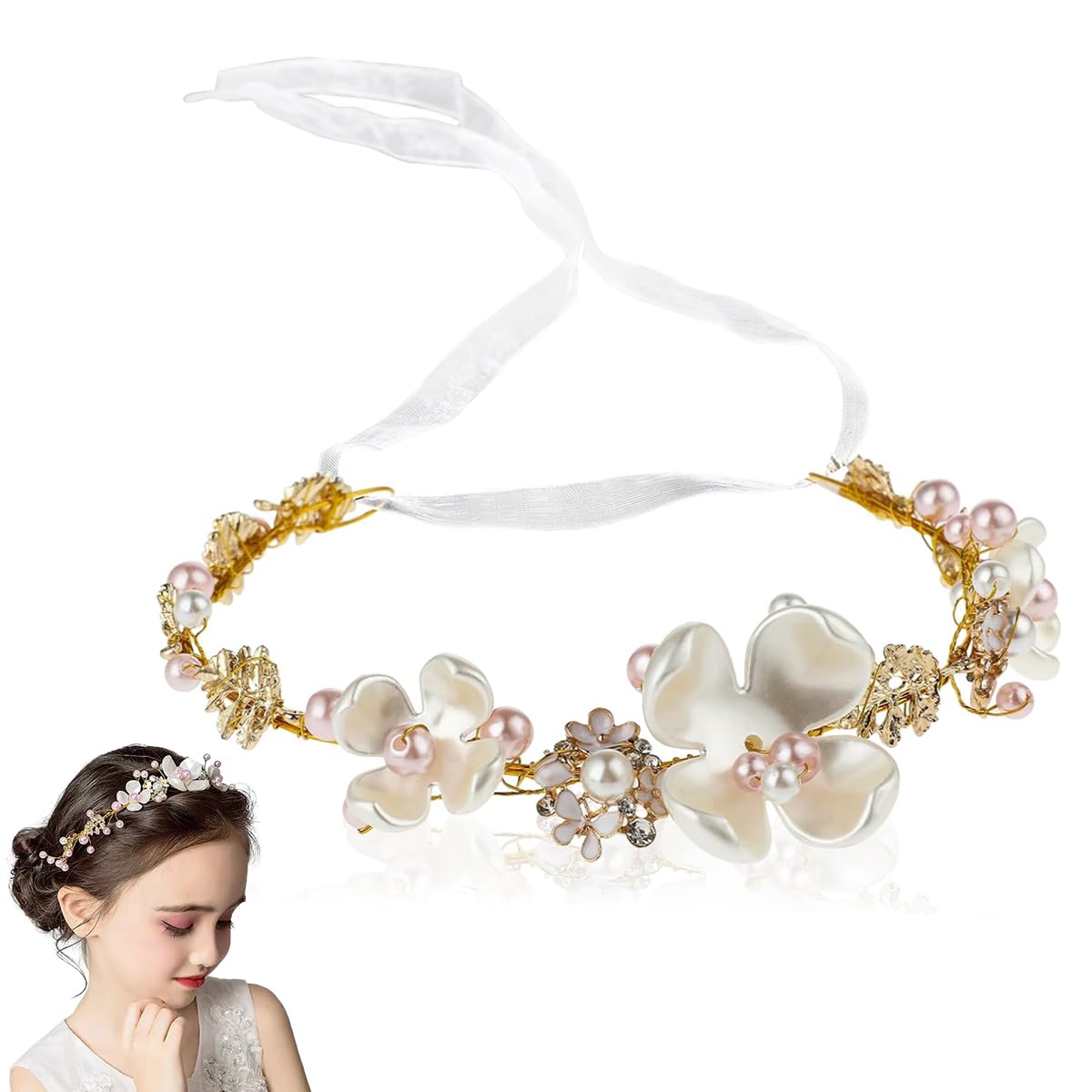 SANNIDHI Flower Tiara for Girls with Pearls and Ribbons | Gold Metal Headband for Weddings