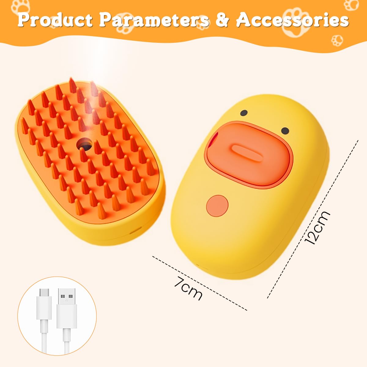 Qpets® Cat Steam Brush, Dog Steam Brush, Cartoon Steam Brush for Cat Dog, Water Brush for Dog Cat Brush, 2 In 1 Dog Hair Brush Cat Comb Pet Cleaning Brush & Massage Brush - Yellow, USB Rechargeable