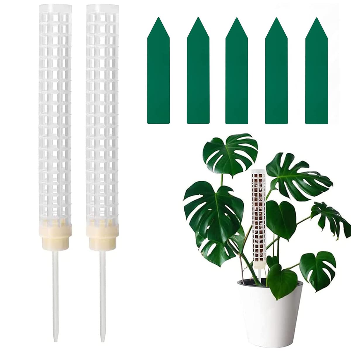 HASTHIP® 2pcs 25cm Moss Stick for Plants with 5 Lables and 1 Roll Velcro, Plastic Plant Stakes and Supports for Money Plant, Climbing Indoor Plants