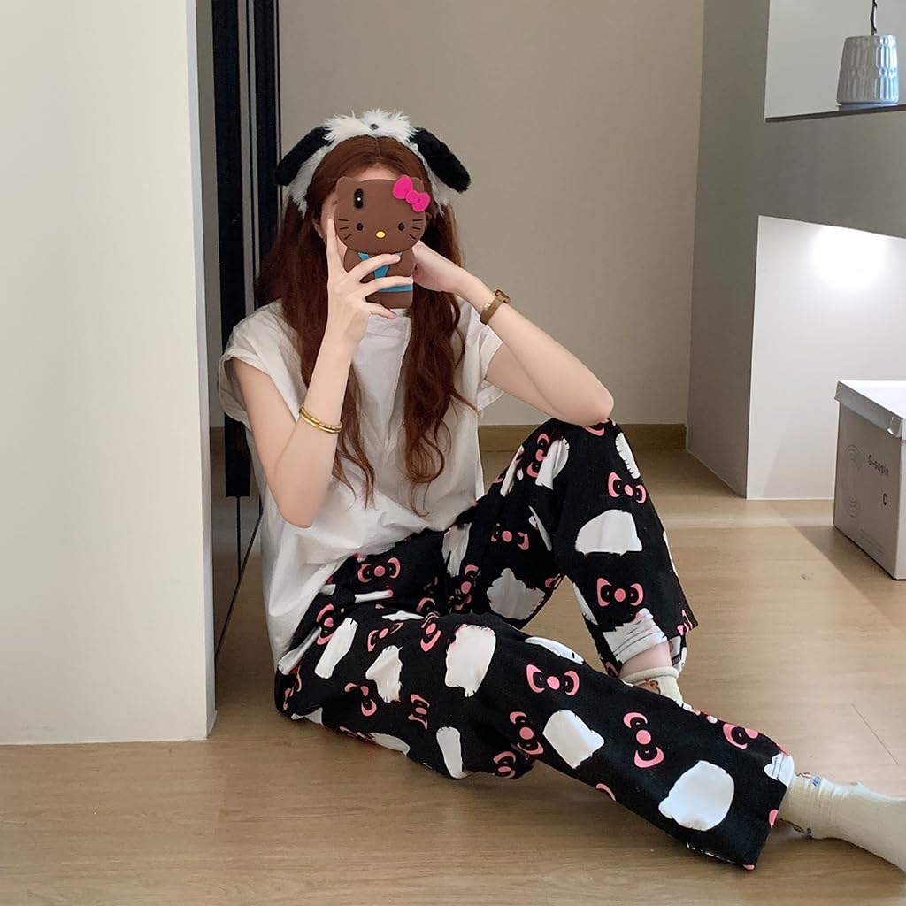 SANNIDHI Pyjama Pants for Women featuring Kawaii Cat Print with Elastic Waist 2XL Black | Soft Polyester Lounge Bottoms