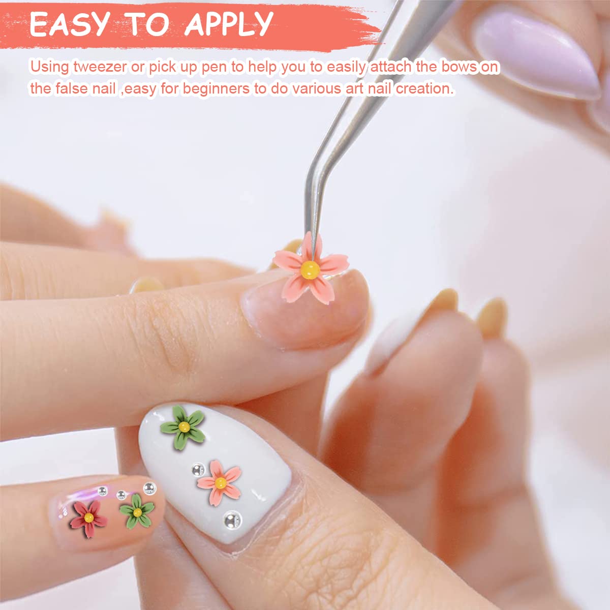 MAYCREATE 3D Flowers for Nail Art Kit with Silver Pearl Beads 8mm Resin Charms for DIY Design