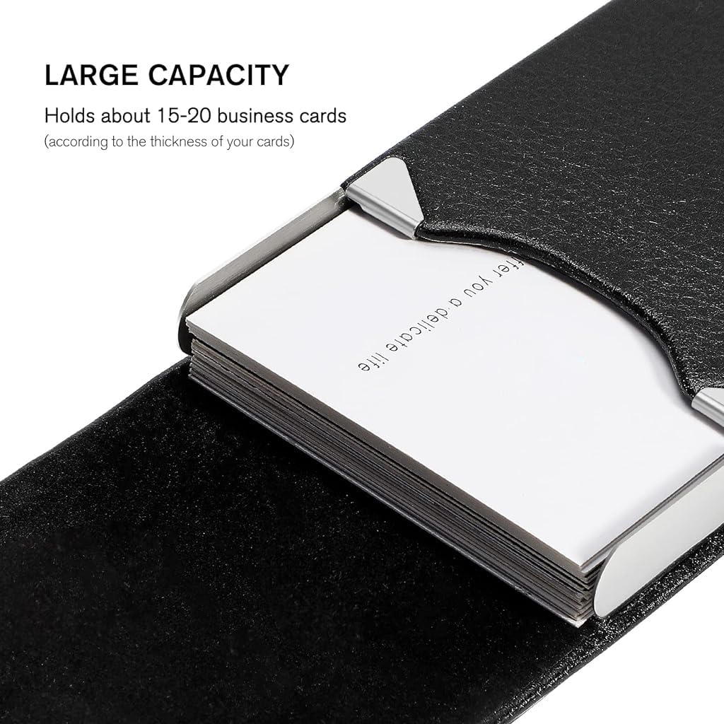 ZIBUYU® Business Card Holder Metal Visiting Card Case Classy Card Holder for Women & Men PU Leather Wallet Card Case with Metal Magnetic Clasp, 20 Cards (6x9.5cm) - Black