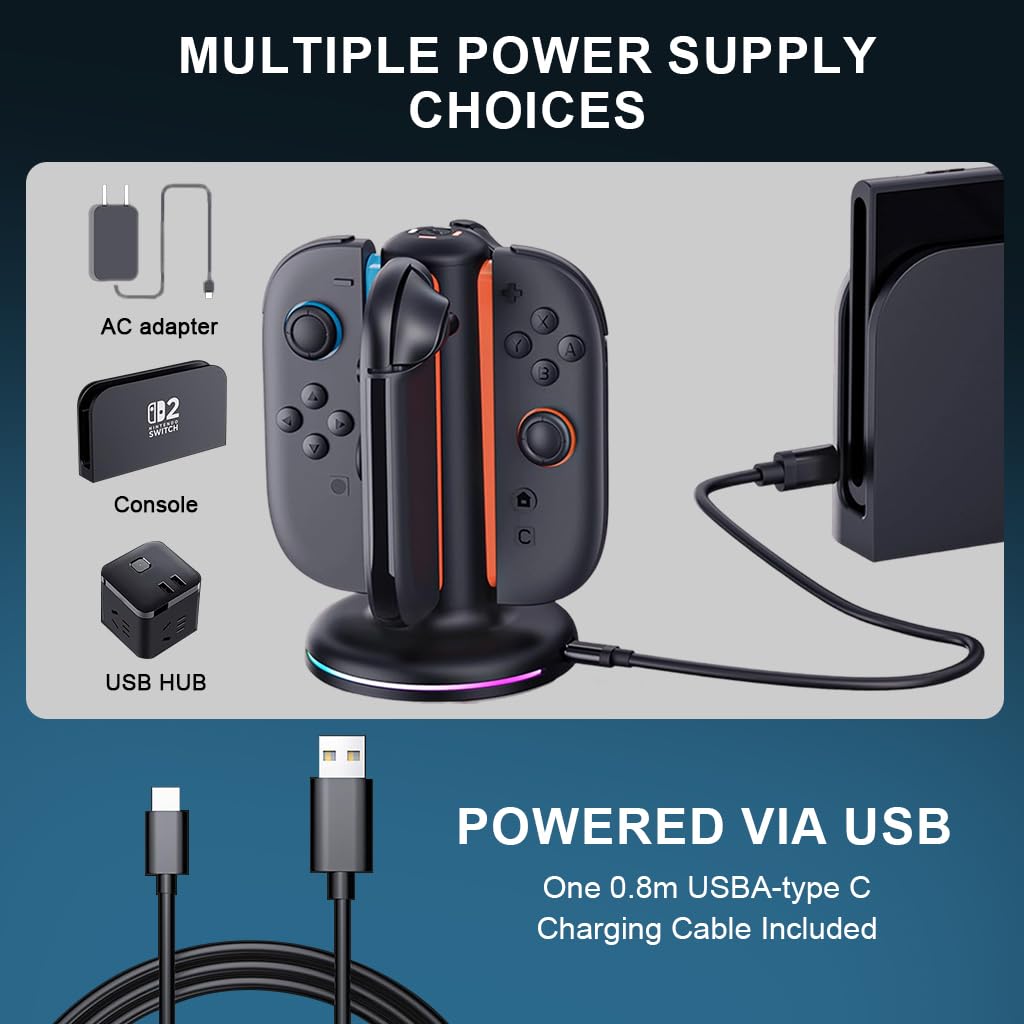 ZORBES Charging Station for Nintendo Switch 2 Joy‑Cons with 9 RGB Modes and Magnetic Base