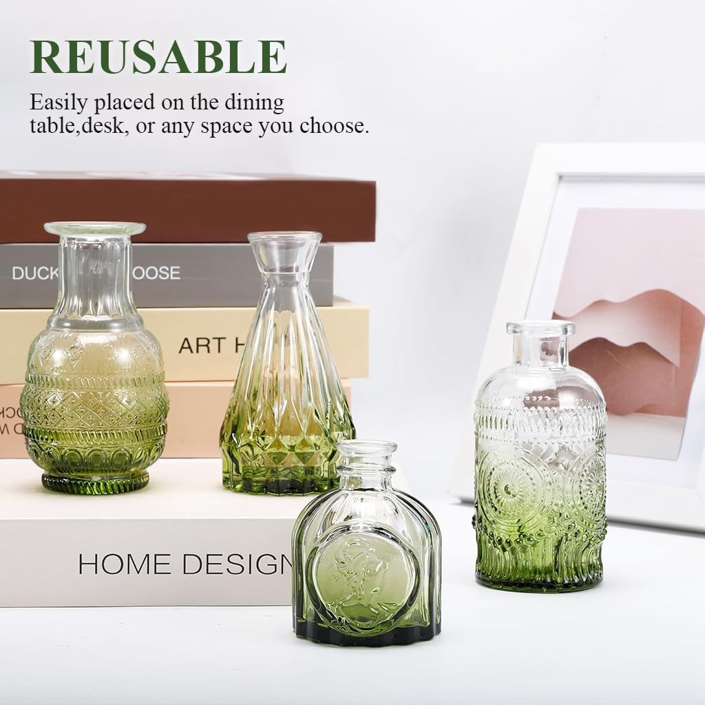 HASTHIP Glass Vase Set for Flower Arrangement featuring 10 Retro Embossed Designs | Transparent Green Gradient Decor