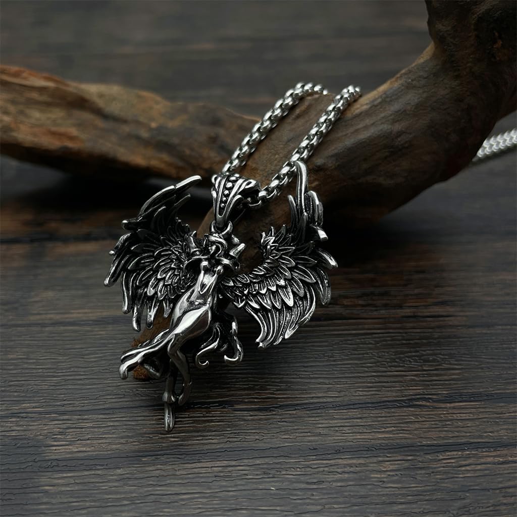 Proberos Guardian Angel Pendant Necklace featuring Winged Dark Angel Design for Men | Titanium Steel Unisex Jewelry