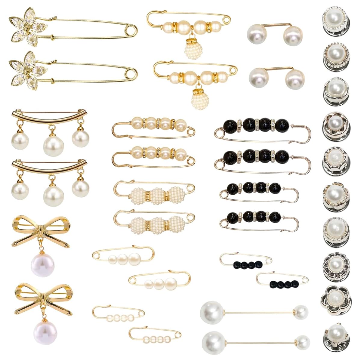 SANNIDHI Brooch Pin Set for Saree Pleats with Faux Pearl and Rhinestone | 36Pcs for Women
