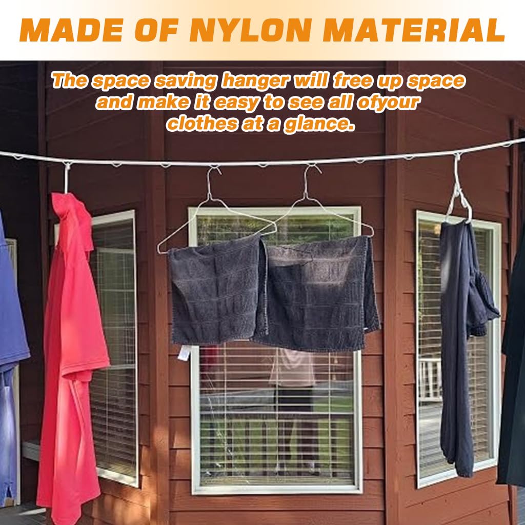 HASTHIP Clothes Drying Rope for Indoor and Outdoor Use with Metal Carabiners and Multi Hanger Loops 9.8 ft White Nylon | Windproof Design for Sheets Clothes and Bedding