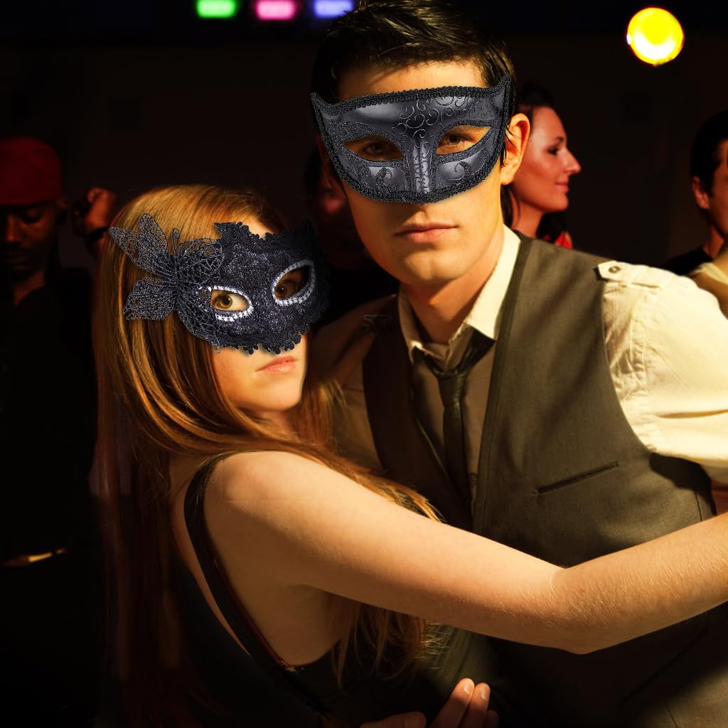 Optifit Masquerade Mask Set for Couples with Structured Half Face Design 17×9 cm | Lace and Black Styles for Party and Halloween