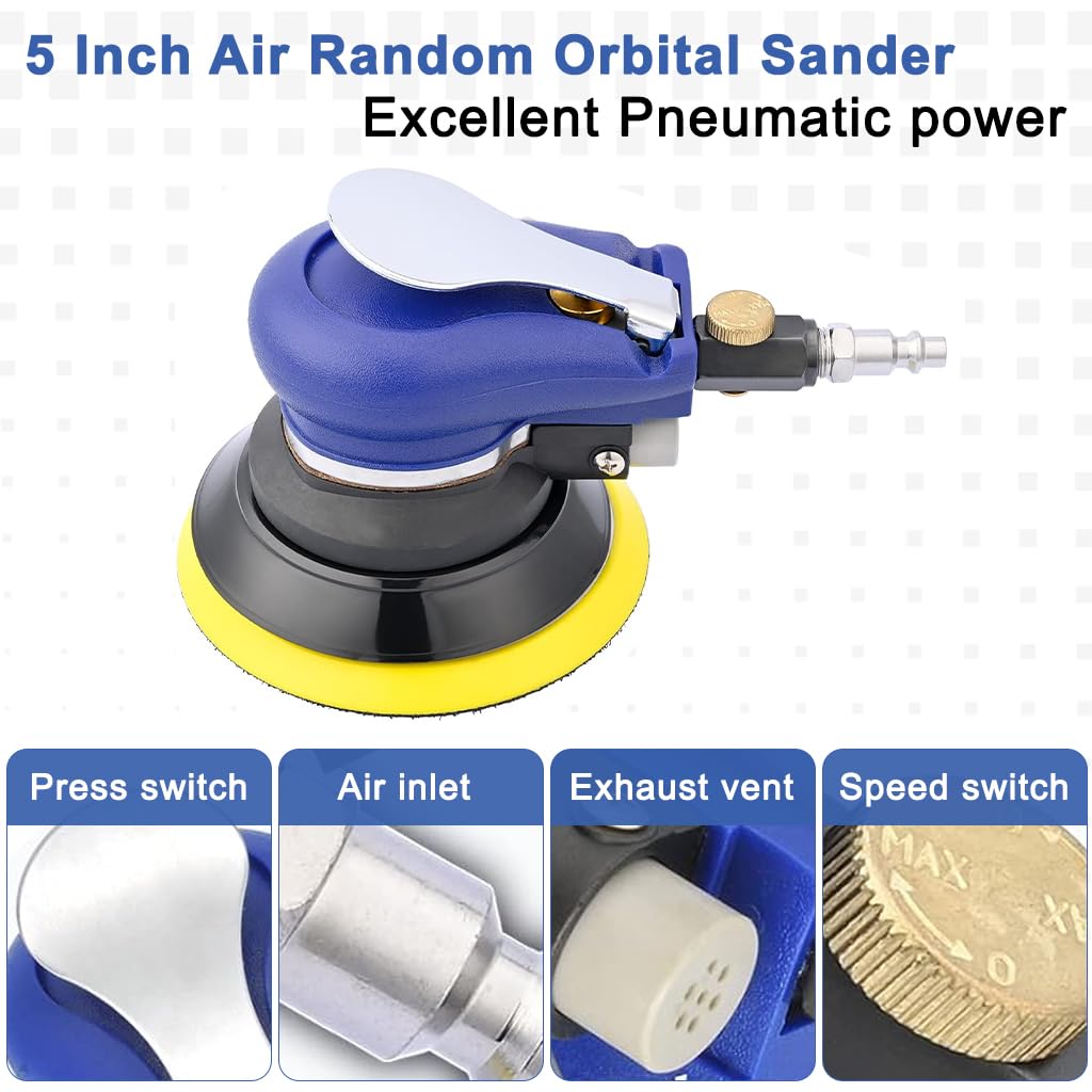 STHIRA Pneumatic Sander for Woodworking and Automotive Use featuring 5 Inch Orbital Action | Ergonomic Grip