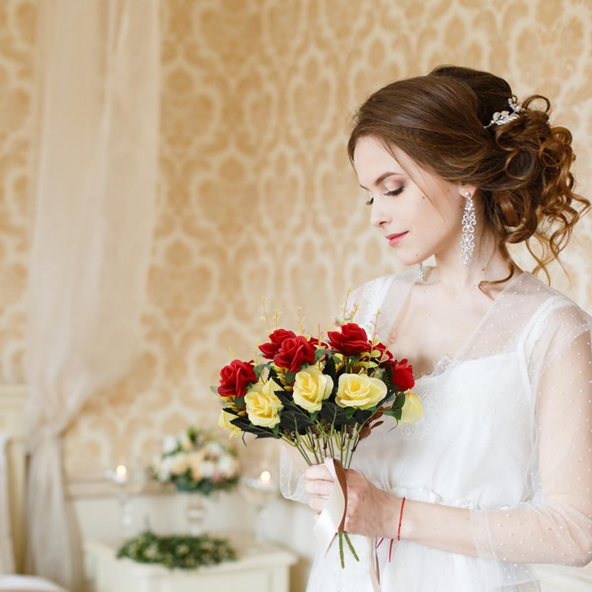 HASTHIP Artificial Rose Flowers for Home and Wedding Decor with 2 Bundles 24 Silk Roses | Red and White Room Decoration