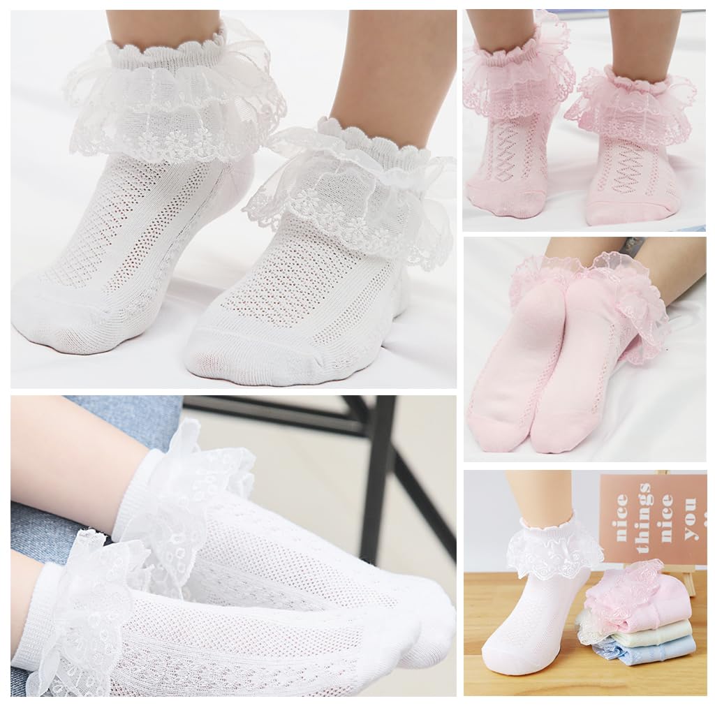 SNOWIE SOFT® 4Pcs Baby Socks 4-Color Baby Girls Sock Lovely Ruffle Lace Cuff Socks Summer Breathable Cotton Socks for 0-3 Years Old Baby Girls Newborn Shower Gift for Baby Girls