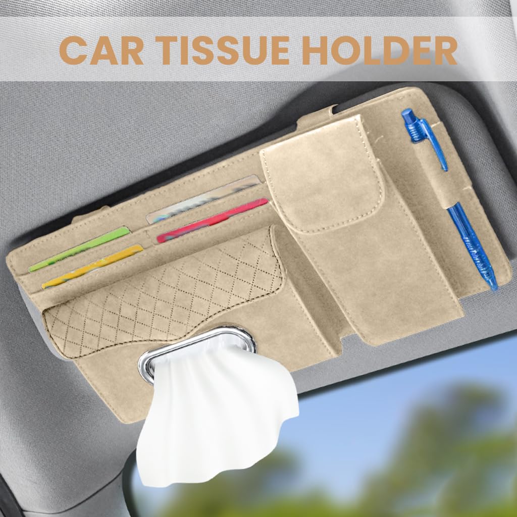 ZIBUYU Car Tissue Holder for Sun Visor with 4 in 1 Storage Design and Suede Surface | Universal Fit