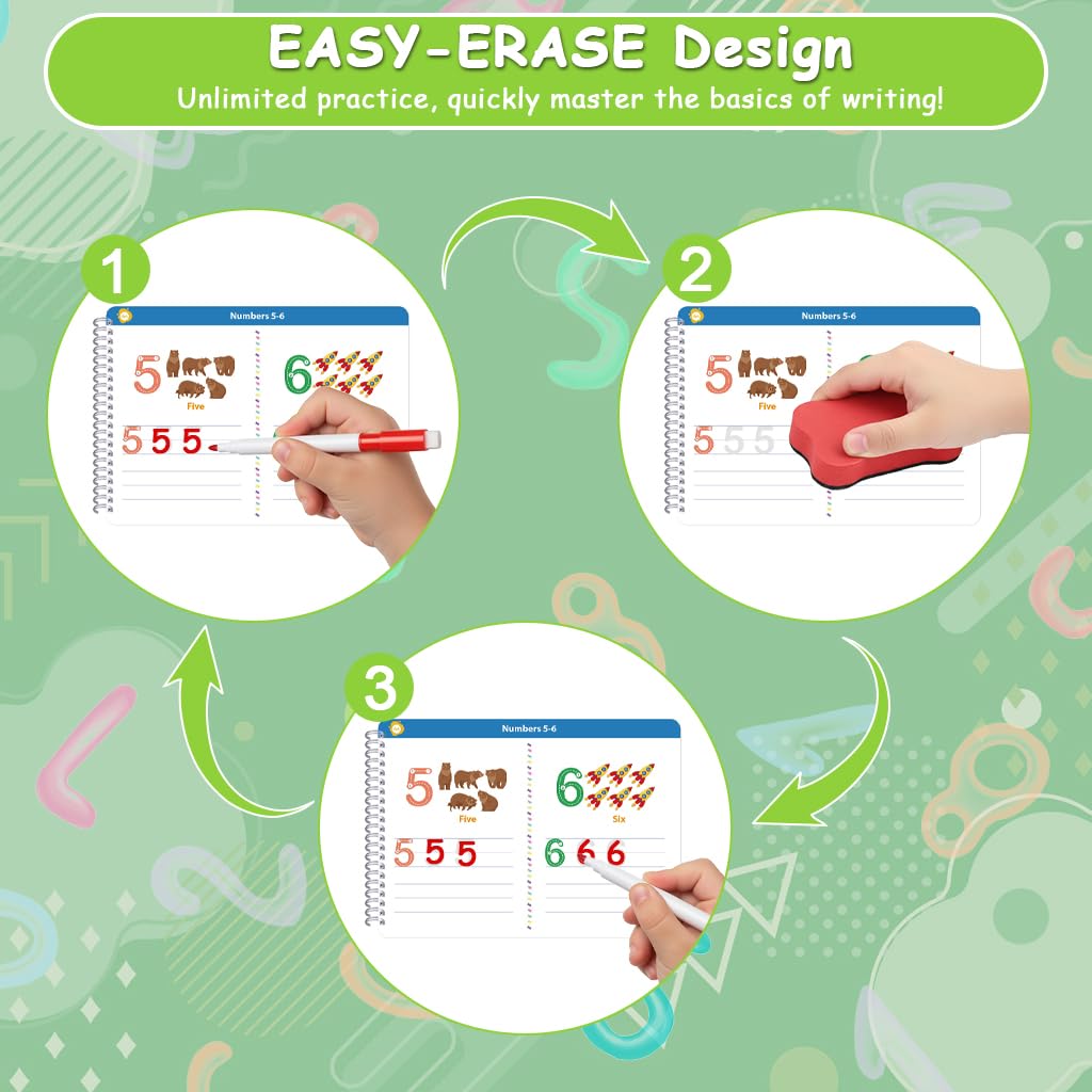 PATPAT Toddler Alphabet Tracing Book for Preschool Handwriting Practice with 8-Color Markers & Sponge Erase | Reusable Early Learning Workbook