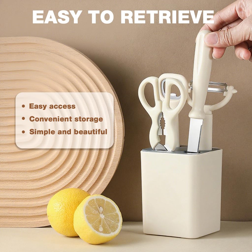 Supvox Kitchen Utility Tools 5 in 1 Set with No Drill Wall Organizer and Ergonomic Handle | Stainless Steel Shears and Fruit Cutter