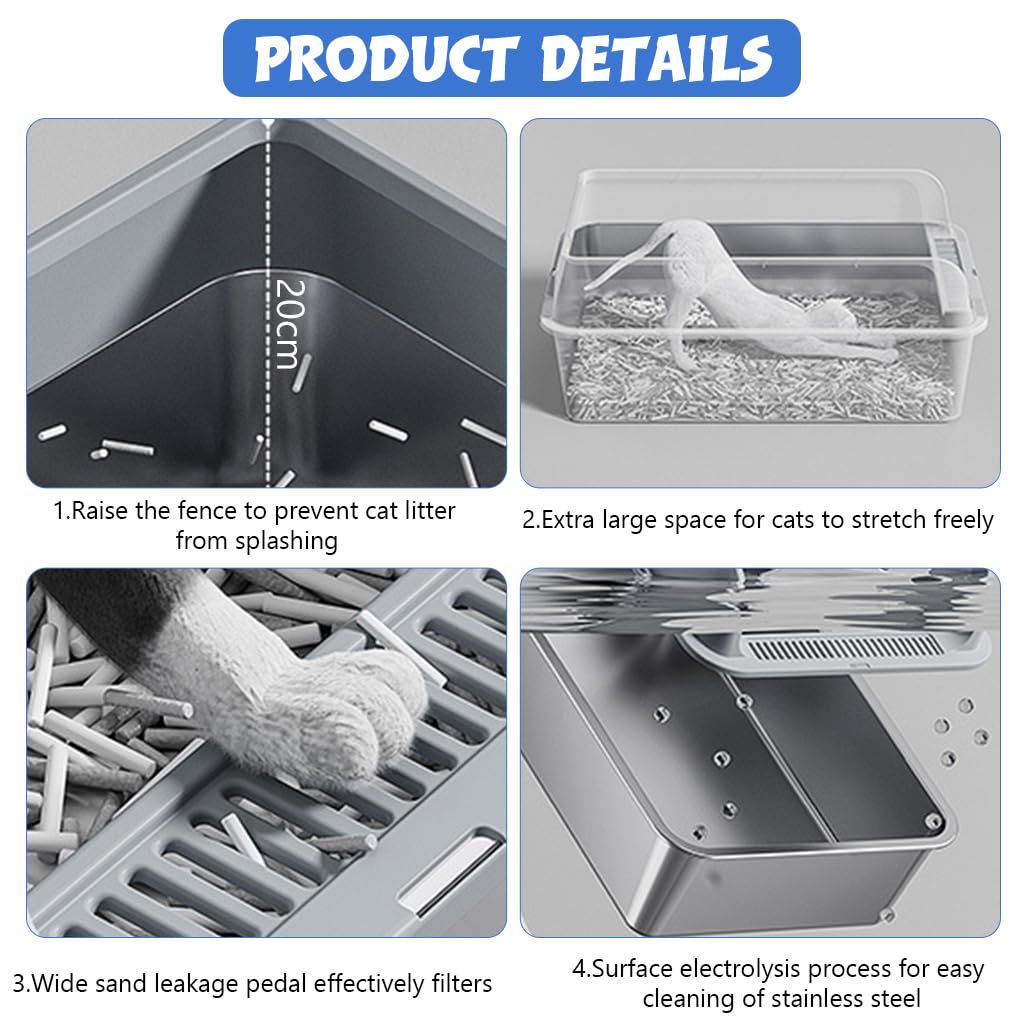Qpets Cat Litter Box 50x35x20cm for Under 10kg Cats with Anti Tip Base and 304 Stainless Steel Walls | Includes Scoop and 4 Non Slip Mats