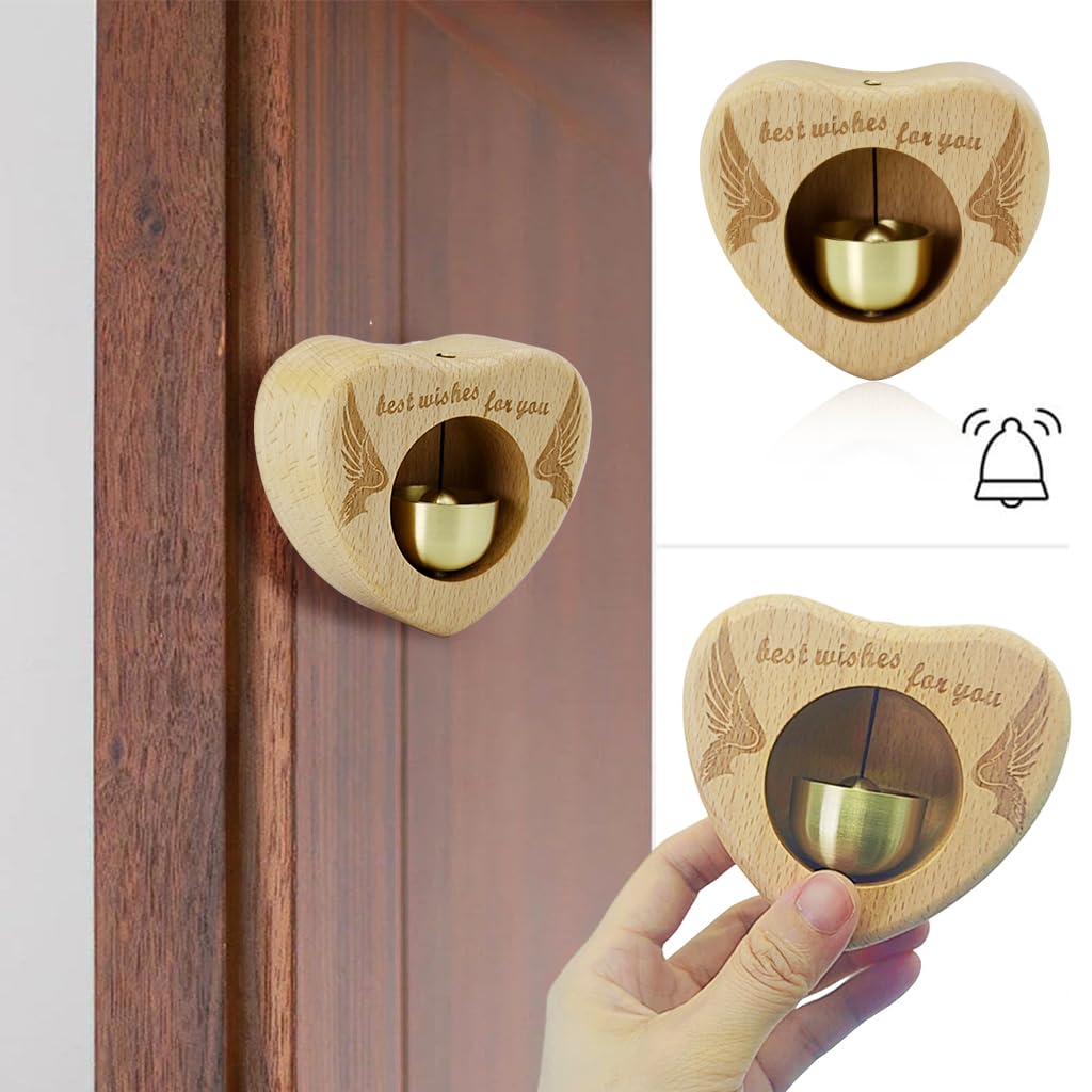 HASTHIP® Wooden Door Chime with Brass Bell - Heart-Shaped Beech Wooden Door Chime, Self-Adhesive Magnetic Doorbell for Home & Shop, Shopkeepers Door Chime