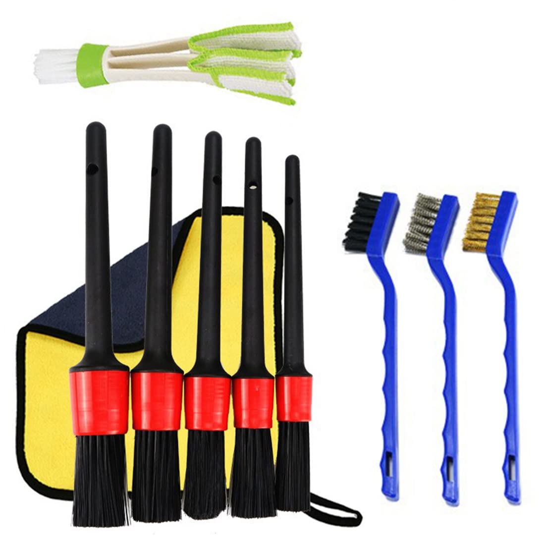 ELEPHANTBOAT® 11 Pcs Car Cleaning Brush Set with 5 Pcs Different Size Detail Car Brushs,3 Pcs Wire Brushes,1Pcs Wash Towel,1Pcs Wax Applicator Pads,1Pcs Air Vents Cleaning Brush