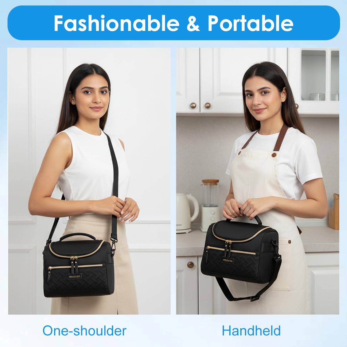 HASTHIP Lunch Bag for Office School and Picnic with Waterproof Insulated Design | Quilted Black Tote Featuring Handle and Shoulder Strap
