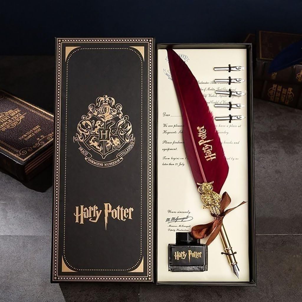 Zibuyu Feather Quill Pen Set for Calligraphy with 5 Nibs and Ink Bottle Base | Handmade Gift