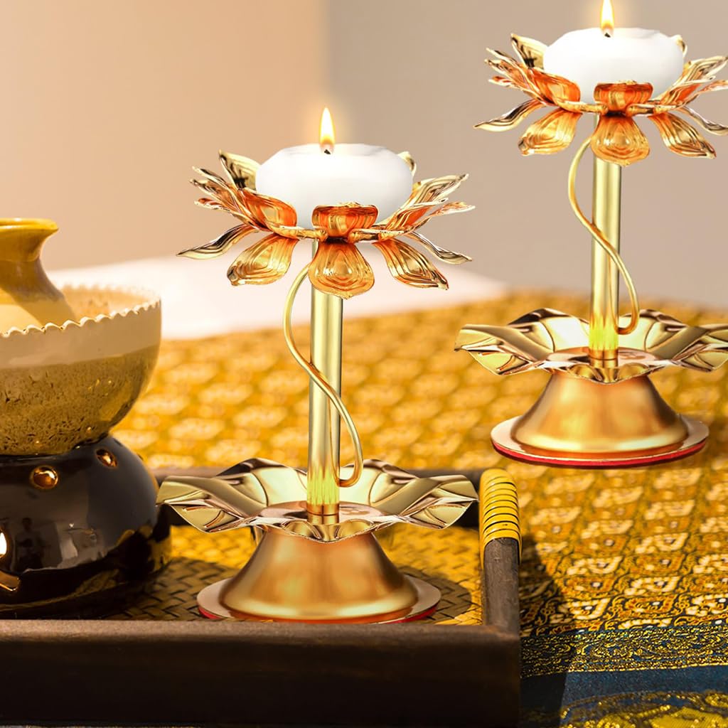 HASTHIP® Golden Lotus Candle Holder Tealight Candle Holder 4.3 inches Height Metal Lotus Candle Holder Buddhism Lotus Tealight Candle Holder Ritual Use Altar Decorative Lotus Tealight Candle Holder