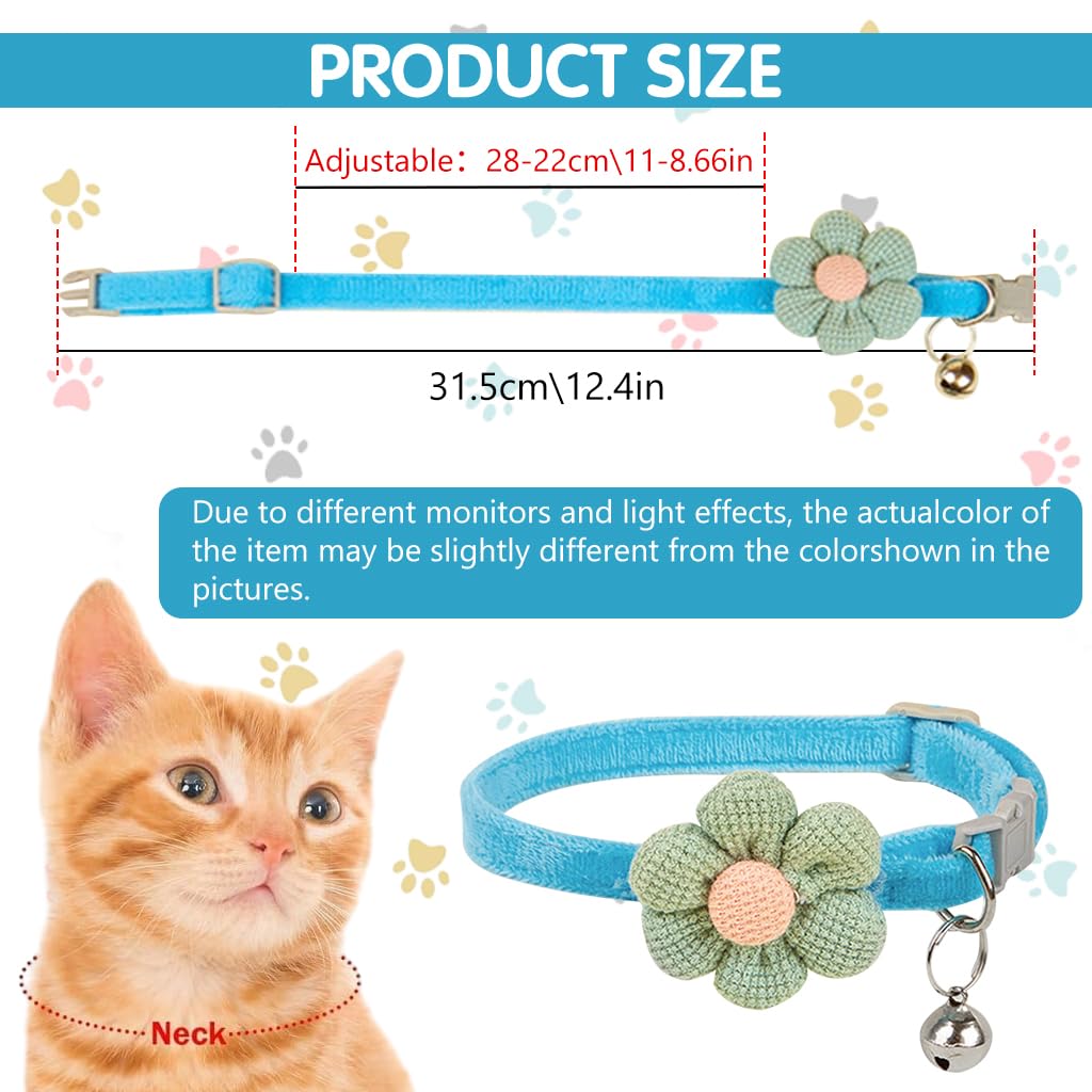 Qpets Cat Collar with Bell featuring Quick Release Buckle and Adjustable 19–32cm Fit | Soft Blue Plush with Crochet Flower