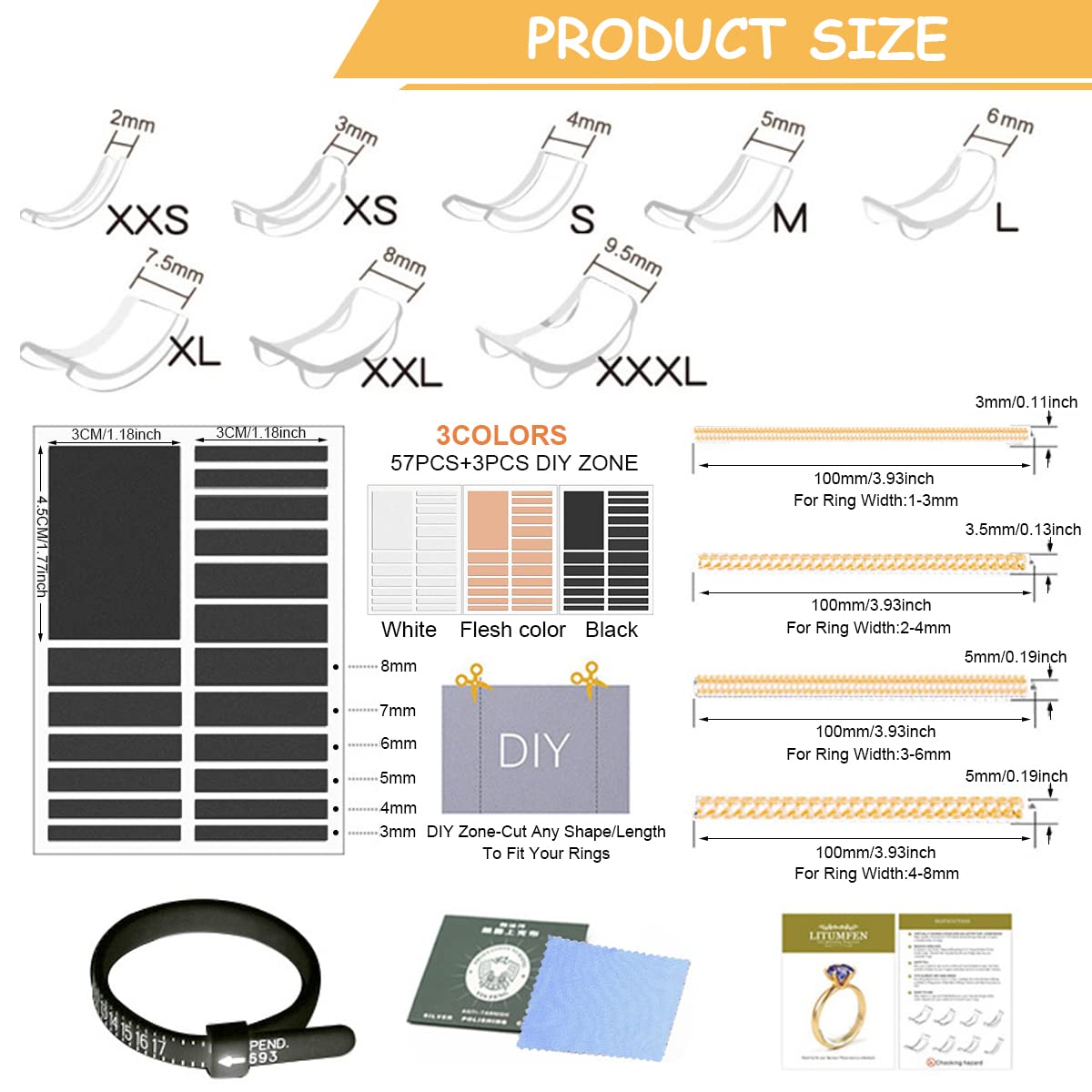 MAYCREATE Ring Size Adjuster for Loose Rings, Golden Spiral Ring Size Adjuster Invisible Ring Resizer, Reducer Guard Self Adhesive Ring Clips, Spacers Tightener Kit for Man and Women Rings