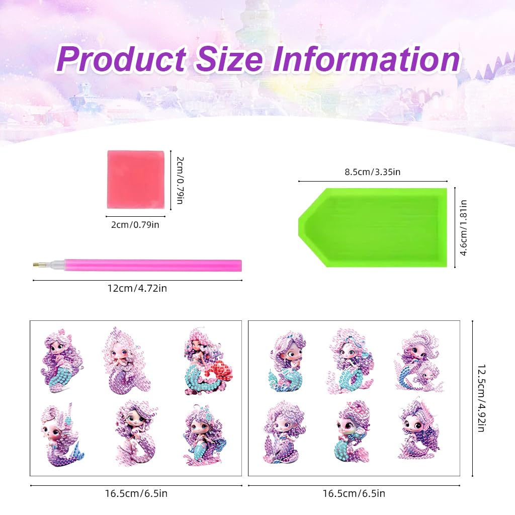 PATPAT Kawaii Diamond Art Stickers for DIY Crafts with 12 Mermaid Designs | Self‑Adhesive Gem Kit